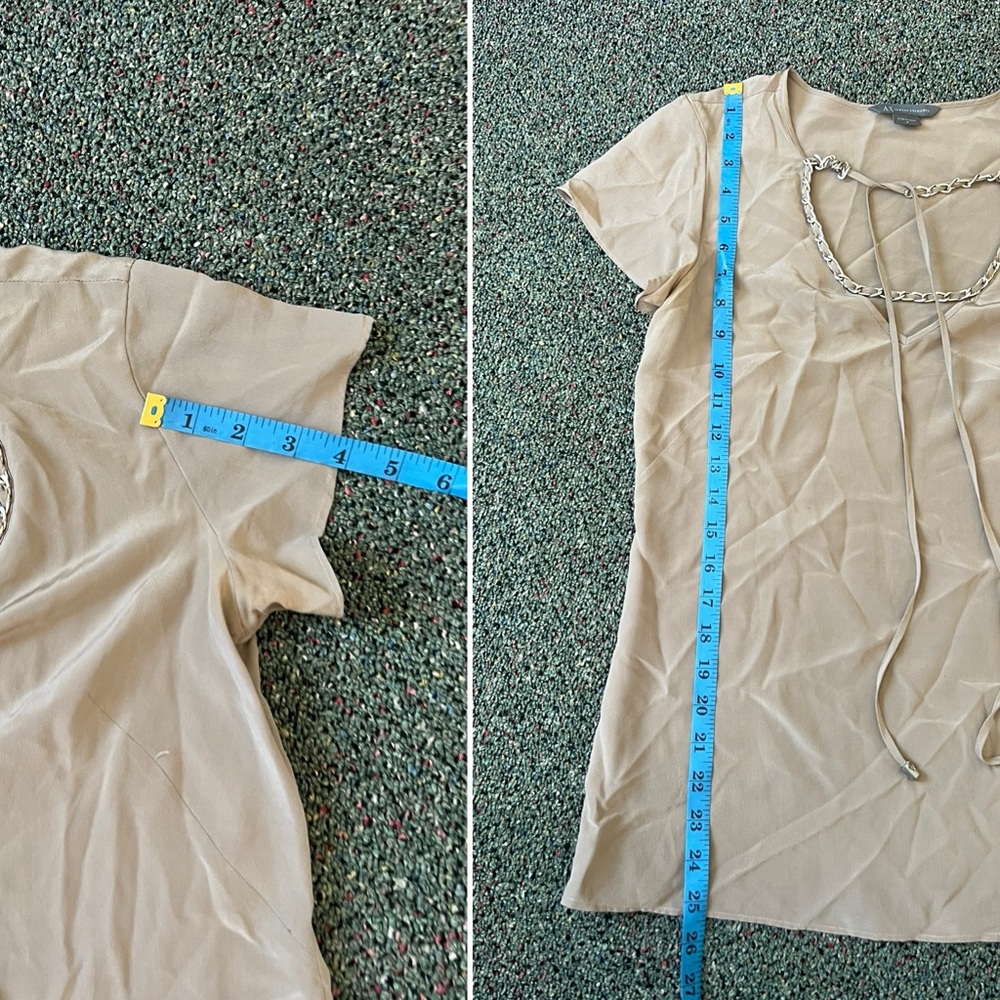 Vintage 100% Silk Y2K Taupe Lace Chain Tie-Up Peep Hole Silk Short Sleeve Blouse - Picture 16 of 16